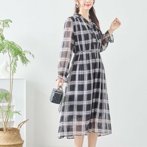 新品☆M~L シフォン ボウタイ チェック柄 ワンピース レディース 長袖 オシャレ きれいめ ひざ丈 春 40代 50代 60代/ブラック/12088731