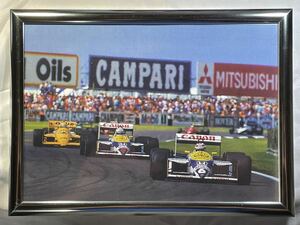 ウィリアムズ、ロータス、1987年イギリスGP、ホンダパワー 1−4フィニッシュの時のポスターパネル。A4サイズ セナ、中嶋、ピケ、マンセル