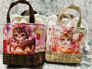 ハンドメイド　8.苺猫ちゃんミニ巾着トートセット