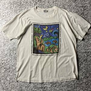 【90sUSA製】Human-i-Tees ビンテージ　S/SアートTシャツ　ホワイト　XLサイズ 古着　プリント　シングルステッチ　