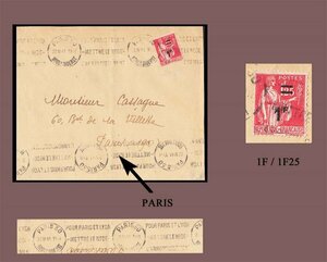 フランス 1941 年平和タイプ切手、パリ宛ての手紙に 1F オーバープリント