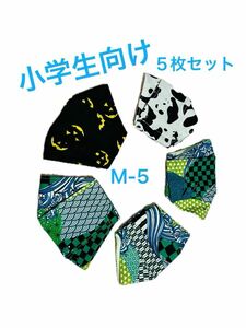 立体マスク　小学生向け　箱型　接触冷感生地　　　柄物５枚セット　M-5