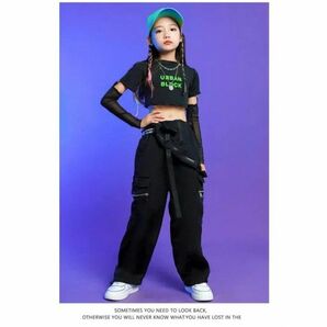 キッズダンス衣装 腕カバー 女の子 半袖 黒シャツ へそ出し ダンス HIPHOP ステージ衣装 ストリート系 レッスン着 