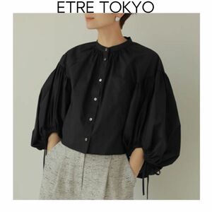 ETRE TOKYO クロップドバルーンブラウス　ブラック　ノーカラー　コットン　ボリュームスリーブ　エトレトウキョウ　黒　綿