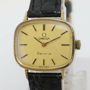 2404-593 オメガ 手巻き式 腕時計 OMEGA ジュネーヴ 金色文字盤 横型 金色ケース レザーベルトの画像1