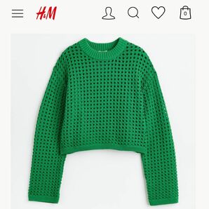 H&M ポインテルニットセーター　XS グリーン　メッシュ　ニット　トップス ラウンドネック 長袖　サマーニット　鍵編み　リブ編み