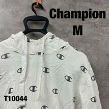 Champion ホワイト フーディー フード パーカー M 長袖 サイドポケット 総ロゴ 総柄 213159 USA 海外輸入 古着 T10044_画像1