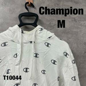 Champion ホワイト フーディー フード パーカー M 長袖 サイドポケット 総ロゴ 総柄 213159 USA 海外輸入 古着 T10044