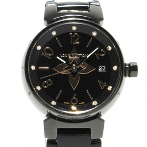 ヴィトン 腕時計■美品 タンブールオールブラックPM QA047 レディース SS×モノグラムヴェルニベルト/12Pダイヤインデックス 黒