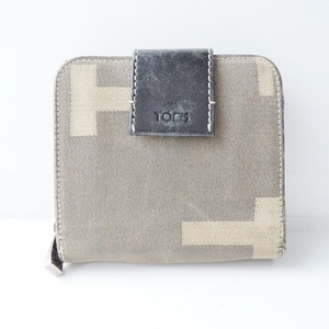  Tod's TOD'S 2. folding purse / Mini / compact - cotton × leather khaki × beige round fastener purse 