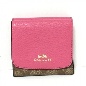 コーチ COACH 3つ折り財布/ミニ/コンパクト F53837 シグネチャー柄 レザー×PVC(塩化ビニール) ピンク×カーキ 財布