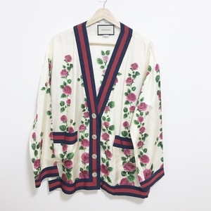  Gucci GUCCI cardigan - ivory × green × multi lady's long sleeve / silk / floral print tops 