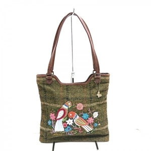  Anna Sui ANNA SUI tote bag - wool × leather dark green × dark brown × multi beads / embroidery / bird bag 