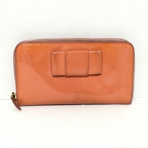 ミュウミュウ miumiu 長財布 - エナメル（レザー） オレンジ ラウンドファスナー/リボン 財布