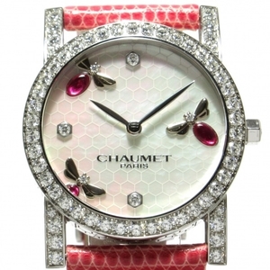  Chaumet wristwatch a trap moa / Be my Rav W16183-23M lady's K18WG× leather belt / diamond bezel / reverse side ske/ shell face white shell 