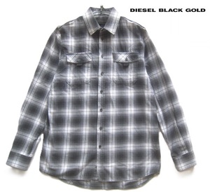 極上トルコ製!!ディーゼル ブラックゴールド DIESEL BLACK GOLD*レザーロゴタグ付き チェック柄ダブルポケットシャツ 46 M 黒×白×グレー