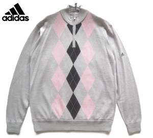  beautiful goods!! Adidas adidas* Logo embroidery lining attaching a-ga il pattern .. collar half Zip wool knitted sweater L gray Golf GOLF
