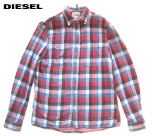 美品!!ディーゼル DIESEL*ロゴタグ付き ブロックチェック柄コットンダブルフェイスシャツ M 白×赤×水色×紺