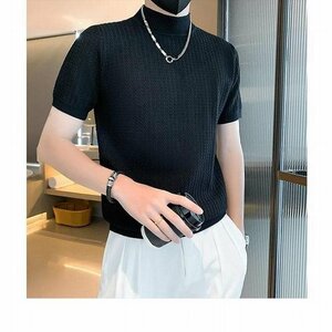 薄手 トップス デザイン 波編み 半袖 モックネック 無地 サマーニット メンズ Tシャツ 丸首 夏 ブラック 2XL