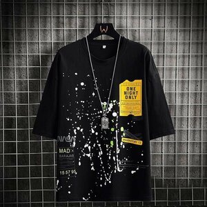 人気 新作 メンズ半袖Tシャツ、カットソー ファッション トップス 半袖 綿tシャツ ストレッチTシャツ プリント 涼しい ブラック2XL