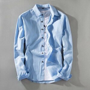 メンズ長袖シャツ、カジュアルシャツ 人気 長袖 シャツ メンズ ノーカラーシャツ ミリタリーシャツ 綿100％ 無地 抗菌防臭 ブルー3XL