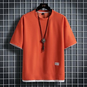 メンズ半袖Tシャツ、カットソー 夏 新品 tシャツ メンズ 半袖 チェックtシャツ 涼しい T-shirt 吸汗 速乾 高品質 カジュアル オレンジ2XL