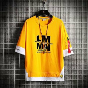 メンズ半袖Tシャツ、カットソー メンズ メンズファッション メンズトップス 半袖 tシャツ 胸プリント インナー 細身　イエローXL