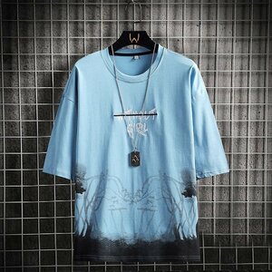 メンズ半袖Tシャツ、カットソー トップス メンズ おしゃれ メンズファッション クルーネック スウェット ファッション ブルーL