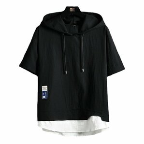 メンズパーカー 半袖パーカー メンズ トップス アウトドア メンズファッション 半袖 切り替え 夏服 冷感 フード付きtシャツ ブラック2XLの画像2