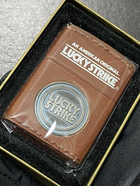 zippo ラッキーストライク 茶 本革 メタル 限定品 希少モデル ヴィンテージ LUCKY STRIKE シルバーインナー 1996年製 ケース 保証書付