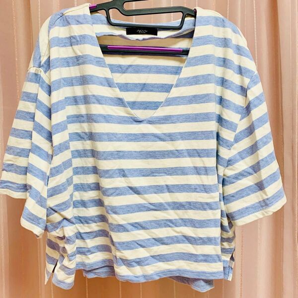 AZUL by MOUSSY アズール マウジー ボーダートップス ブルー Vネック カットソー