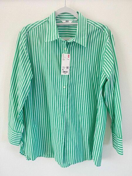 【新品タグ付きXL】ユニクロコットンストライプシャツ（長袖）グリーン大きいサイズ 長袖シャツ