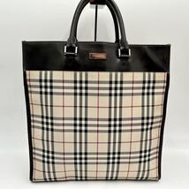 極美品級/希少 ●BURBERRY バーバリー トートバッグ 肩掛け ノバチェック キャンバス レザー ●A4 収納 大容量 ロゴ プレート ビジネス 鞄_画像2