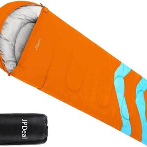 寝袋 封筒型 軽量 保温 210T防水 シュラフ コンパクト アウトドア オレンジの画像1