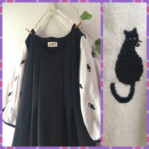 handmade::黒猫柄刺繍パフスリーブピンタックワンピース：北欧英国ハンドメイド綿麻ブラックふんわネコシンプルデザインゆったりフォーマル