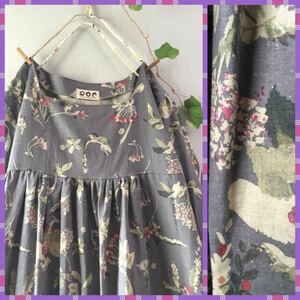 handmade::. floral print cotton linen square neck long One-piece : Northern Europe Britain hand made cotton botanika reflet a blue gray purple natural 