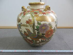 K084【4-21】◎ 壺 花瓶 陶器 焼物 九谷焼？ 花 鳥 紅葉 高さ約33cm 直径27cm