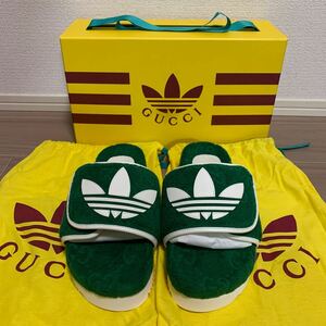 新品 メンズ 6 25cm GUCCI adidas グッチ アディダス コラボ プラットフォームサンダル グリーン GG柄 トレフォイル スライドサンダル