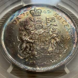 １円スタート! ★美トーン★カナダ 1965年50セント銀貨 PCGS MS63 ★ 世界コイン銀貨 の画像9