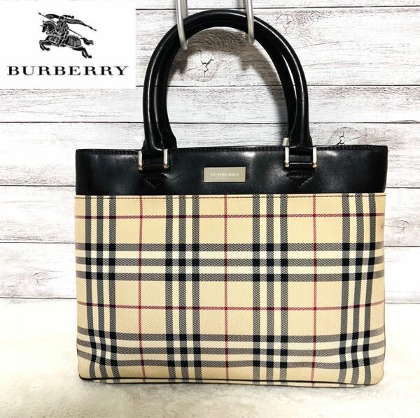 【良品】BURBERRY バーバリー　ノバチェック柄　キャンバス　レザー　ハンドバッグ　トートバッグ　ダークブラウン