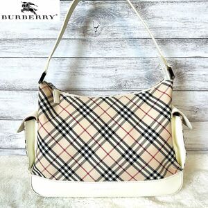 【美品】BURBERRY バーバリー　ノバチェック柄　ワンショルダーバッグ　白　ハンドバッグ　サイドポケット