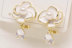 18K RGP Gold Diamond CZ Flower Pearl Drop Eirling GP5716