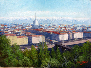 絵画　油彩　中島達幸　古都トリノの街　油絵Ｆ４キャンパスのみ　送料無料　受注制作作品