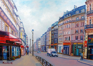 絵画　油彩　半澤国雄　パリの街角　油絵Ｆ４キャンパスのみ　送料無料　受注制作作品