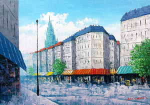 絵画　油彩　広瀬和之 塔のある街　油絵Ｆ２０キャンパスのみ　送料無料　受注制作作品