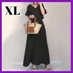 XL ロング丈 ワンピース ブラック ロングワンピース 春 夏 黒 美シルエット ベルト付き ウエストゴム ゆったり 新品未使用