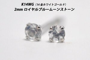 【本物を激安価格で】シンプルピアス　K14WG（14金ホワイトゴールド）　2mm天然ロイヤルブルームーンストーン　スタッドピアス　X