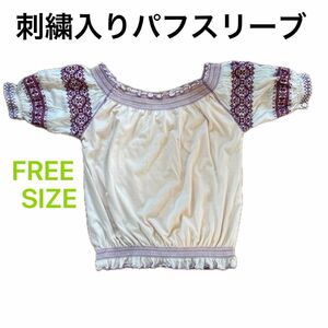 刺繍入りパフスリーブ　半袖　チュニック　 Tシャツ　トップス　オフショルダー　フリーサイズ　