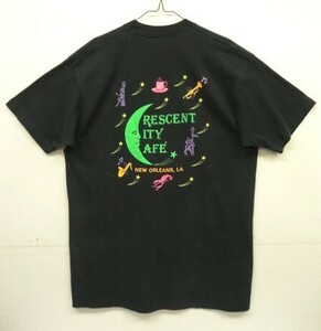 90s ヴィンテージ USA製 CRESCENT CITY CAFE シングルステッチ 両面プリント Tシャツ フェードブラック VINTAGE 90年代 企業物 アメリカ製
