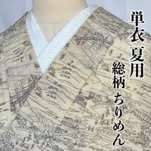 ●きもの翠●単衣 夏用 総柄 小紋 ちりめん 時代 風景 街並み 人物 和装 和服 着物 正絹 #X278_画像1